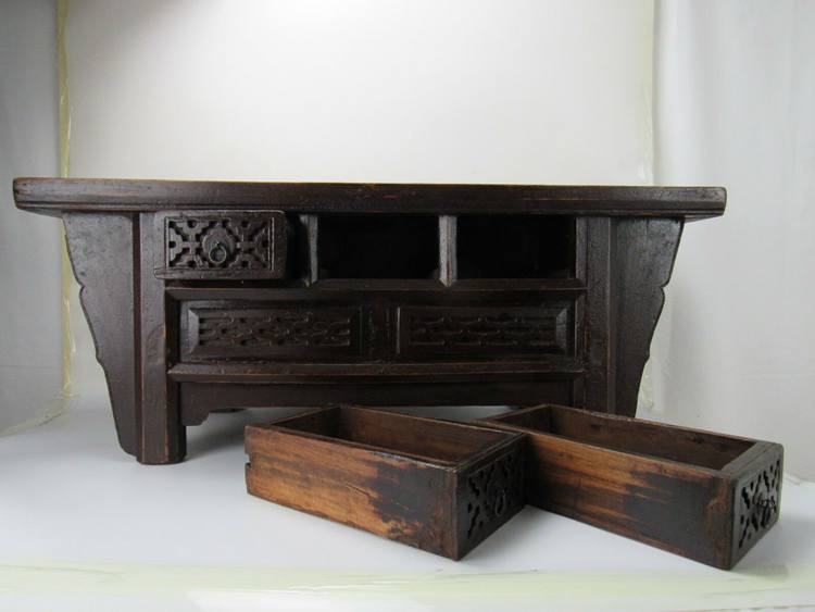 An Original Chinese Qing Dynasty Elm Wood Kang Table With Carving