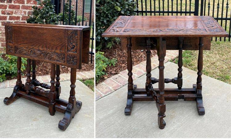 Antique English Drop Leaf Table Carved Top PETITE Trestle Legs Oak c. 1900