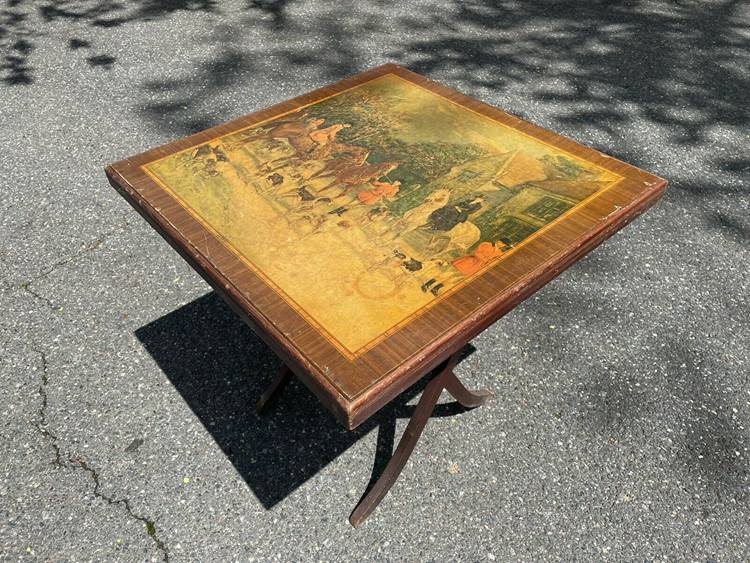 Antique Rare Folding Card Table Fox Hunt Scene