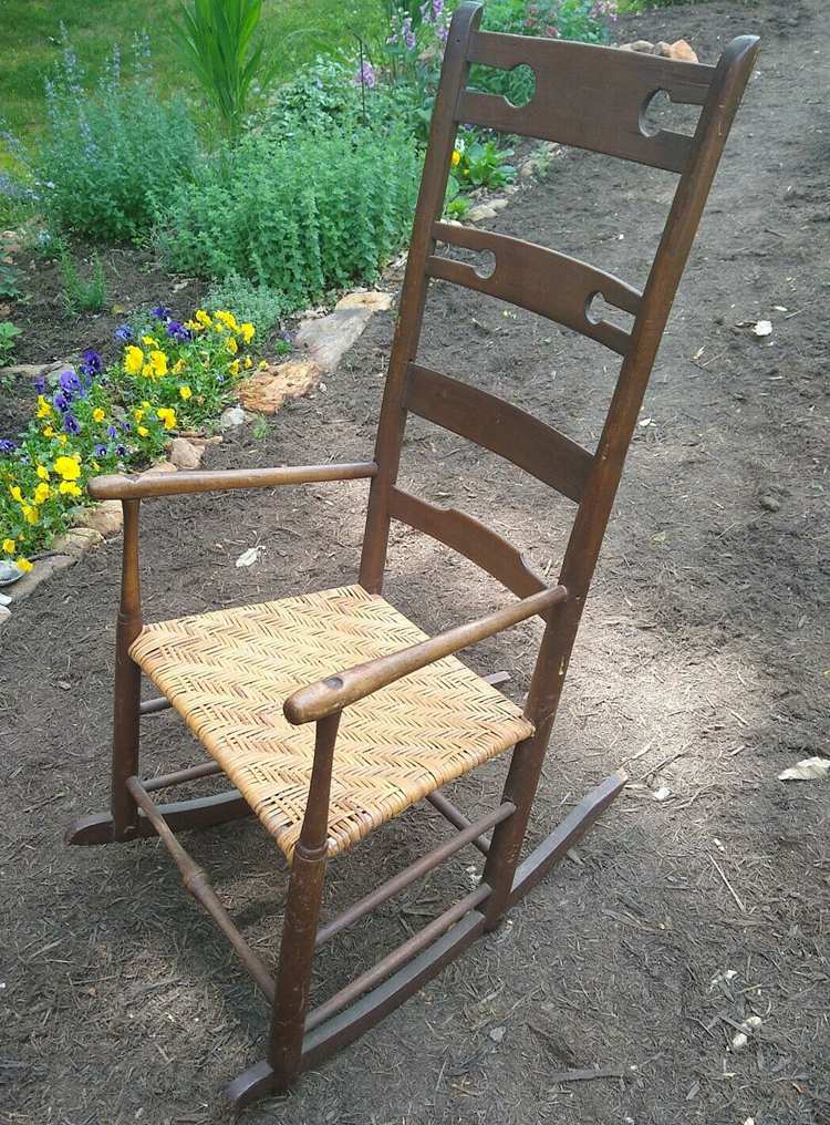 Antique Shaker Ladderback Rocker, Unique Keyhole Design, chips, worn, Cane Seat