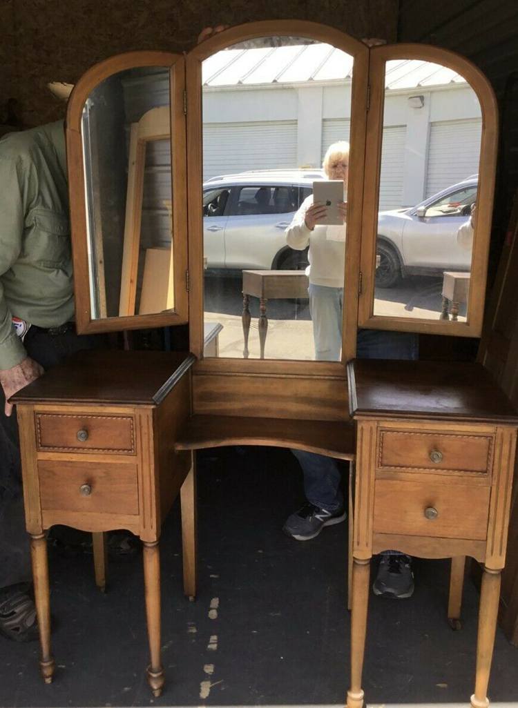 Antique Wooden Dresser Vanity with Tri-Fold Mirror, ~ circ 1920's