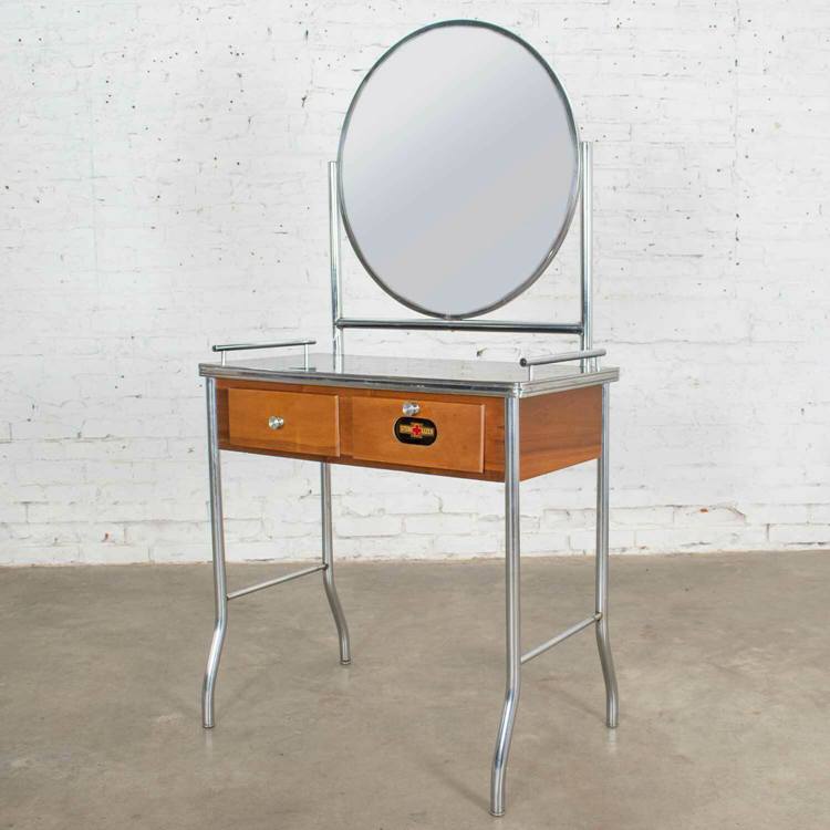 Art Deco Streamline Modern Machine Age Chrome Maple & Black Make Up Vanity