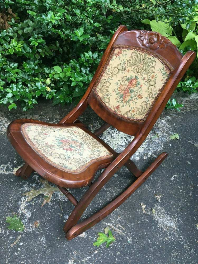 Folding Wood Rocking Chair Antique Tapestry Victorian Style Rocker 