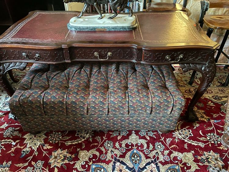 Large carved Partner's Mahogany Desk Inlaid Leather Top Brass Work