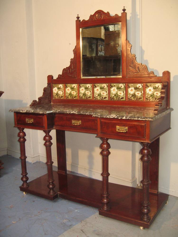 Victorian Mahogany Marble And Tile Back Washstand