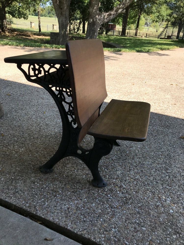 antique school desk, wood and ornate wrought iron