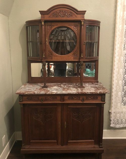 Antique Art Nouveau Oak Buffet Hutch Marble Top French Leaded Glass Premium Item