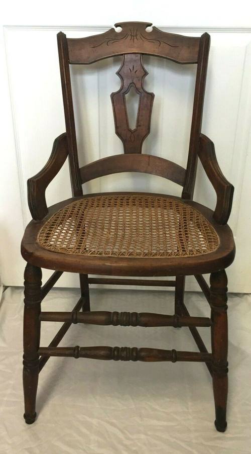 Antique Carved Eastlake Victorian Cane Seat Dining Side Accent Chair