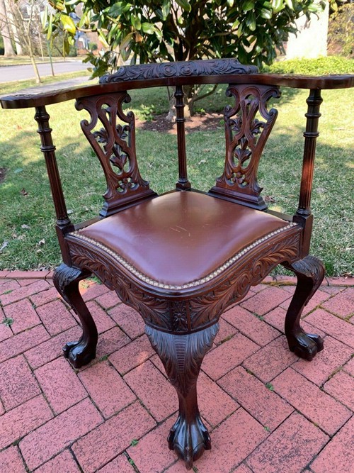 Antique Early Victorian Chippendale Mahogany Highly-Carved Corner Chair, c 1845