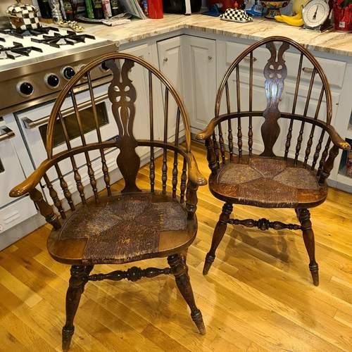 Antique Karpen Windsor Arm Chairs, Original Rush Seat - Two Chairs