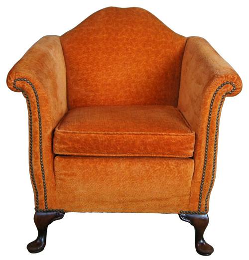 Antique Queen Anne Mahogany Gentlemans Club Library Arm Chair Orange Nailhead