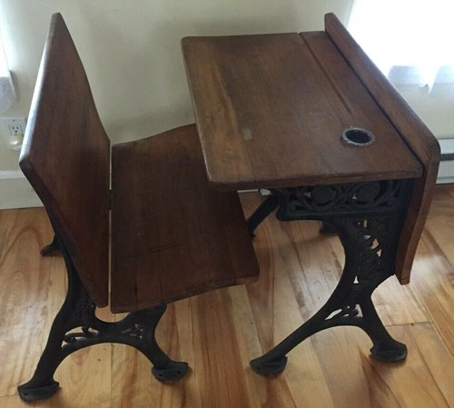 Antique School Desk And Chair with Folding Seat, Wood and Wrought IronAntique School Desk And Chair with Folding Seat, Wood and Wrought Iron