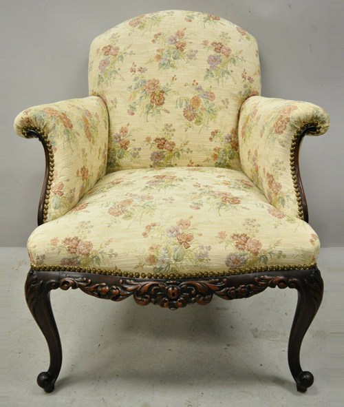 Antique Victorian French Carved Mahogany Upholstered Bergere Lounge Arm Chair