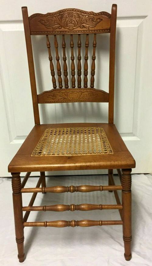 Antique Vintage Oak Wood Press Back Dining Side Chair with Cane Seat