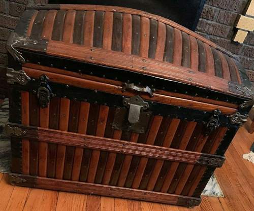 Original Victorian Martin Maier Oak Slat Dome Top Trunk Tray Rare Antique