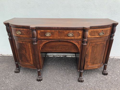 Unusual Irish 1770’s Banded Mahogany Sideboard WCarved Paw Feet