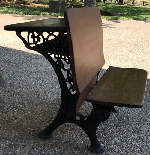 antique school desk, wood and ornate wrought iron