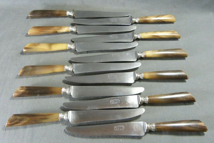 Antique French Horn Knives Silver Blade & Collars by “Belorgey - Auxerre” 12 pcs