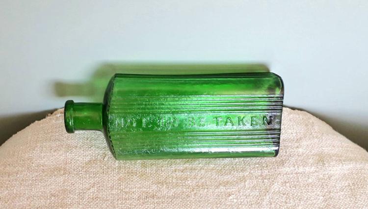 Antique Green Chemist Poison Bottles, Old Glass Pharmacy Bottle