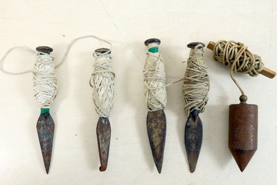 Five x antique plumb bob with rope, ca.1920