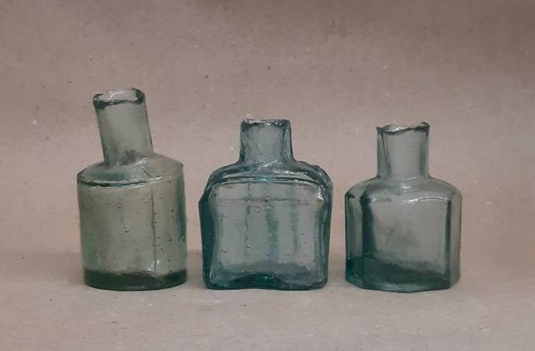 ink well lot collection of 3 set lot antique aqua blue green ink bottle vintage glass unearthed jar sea glass