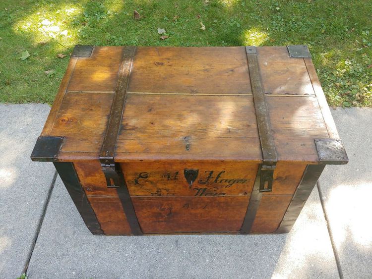 Antique Primitive Steamer Trunk Immigrant Chest Pine, Wrought Iron Mid 19th Cent