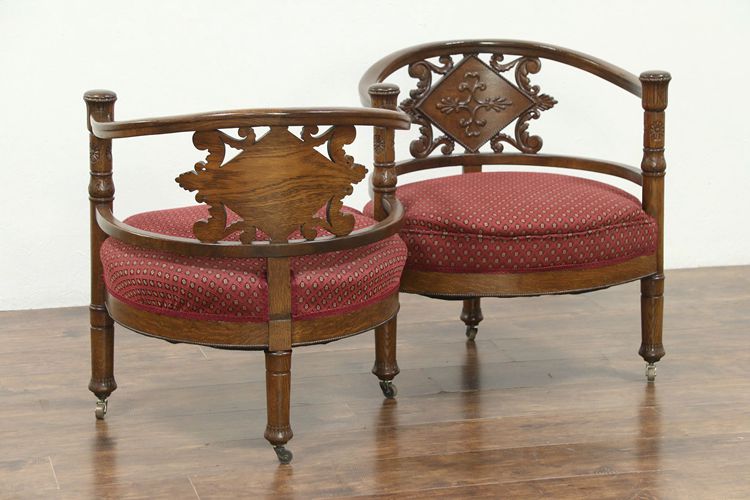 Tete a Tete Antique 1895 Oak S Shape Double Chair Sofa