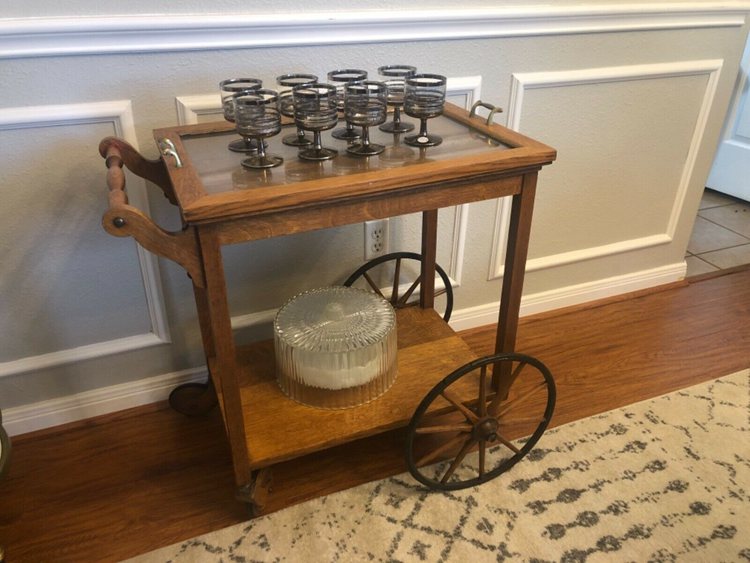 Antique Oak Tea Cart – original finish - With Serving Tray