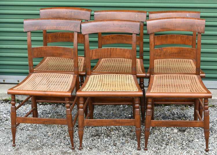 Antique Tiger Maple Sheraton Style Side Chairs with Cain Seats Set of 6