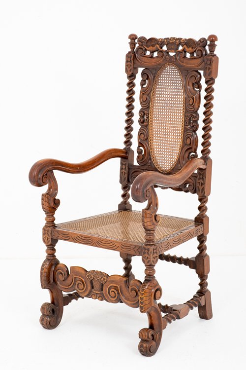 Very Interesting Carved Oak Carolean Style Armchair