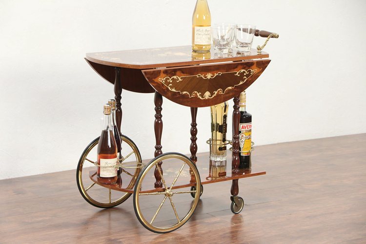 Italian Marquetry Vintage Bar Cart, Tea, Beverage or Dessert Trolley