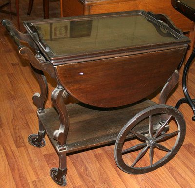WALNUT TEA CART WITH BUTLER TRAY TOP AND DROP LEAF SIDES