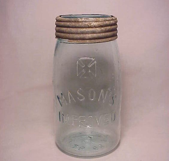 c1880s Hero Cross Mason's Improved , Aqua Quart Fruit Jar