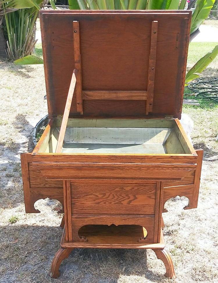 ANTIQUE GOLDEN OAK 1870-1890 Hotel Home WASHSTAND - DRY SINK Lift Top Table