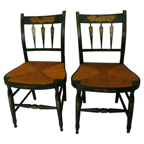 American Early 19th Century Sheraton Pair of Painted Arrowback Side Chairs