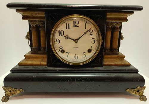 Antique 19th C. GILBERT Footed Black Pillar Column Victorian Mantel Shelf Clock