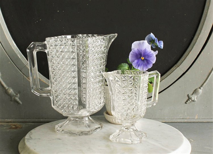 Antique EAPG Milk and Cream Pitchers Panelled Finecut