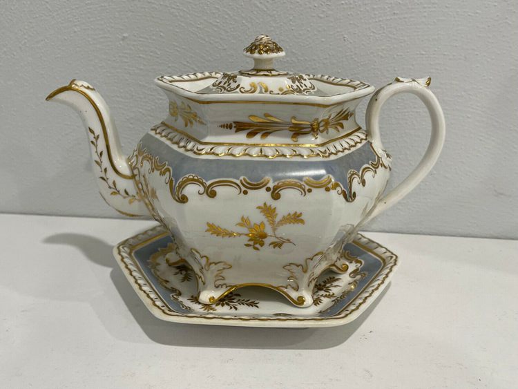 Antique Likely English Porcelain Teapot w Gold Floral Decoration Matching Trivet