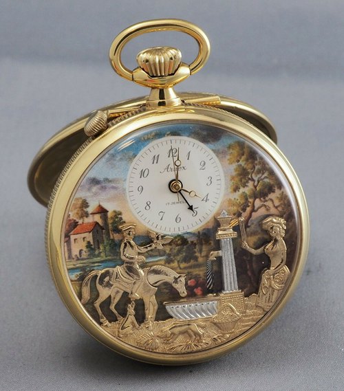 Arnex Pocket Music Watch - Gold Plate - with Horse, Water, Maiden Automatons