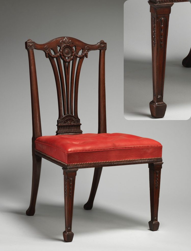 Chippendale executed this set of Neoclassical mahogany dining chairs for Goldsborough Hall