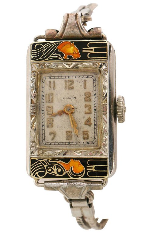 ELGIN c.1925 Parisienne Lady & Tiger Art Deco Enamel Manual Bracelet Watch
