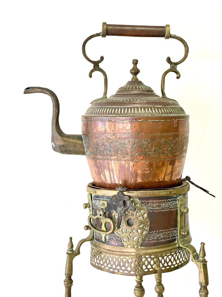 Extraordinary Antique Moorish Style Copper and Brass Teapot with Pedestal