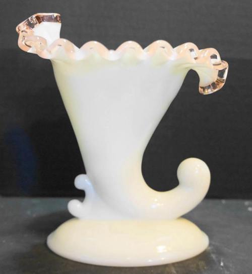 Fenton rose crest cornucopia candle holder