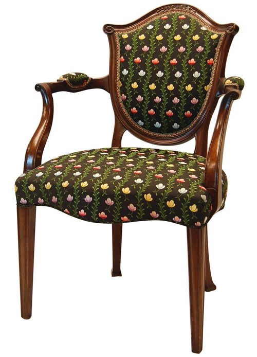 Hepplewhite Style Mahogany Open Armchair Covered in Silk Brocade
