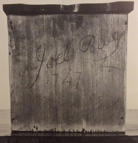 Joel Baily (3rd generation) signature on the drawer bottom of a Queen Anne secretary desk.