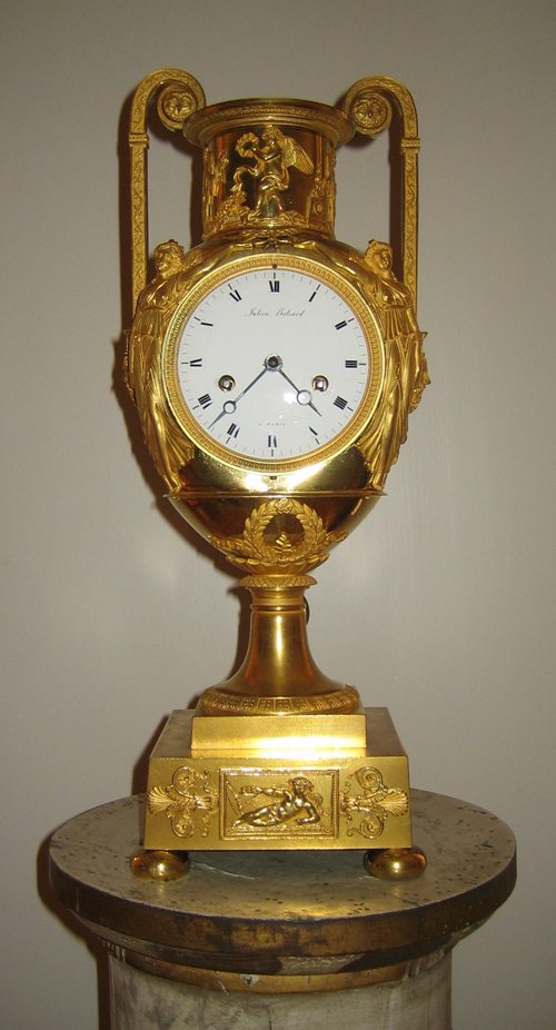 Mantel clock (around 1800) by Julien Béliard, Paris, maître horloger recorded on the rue Saint-Benôit and rue Pavée in 1777, still active in 1817, or Julien-Antoine Béliard, maître horloger in 1786, recorded on the rue de Hurepoix, 1787–1806.