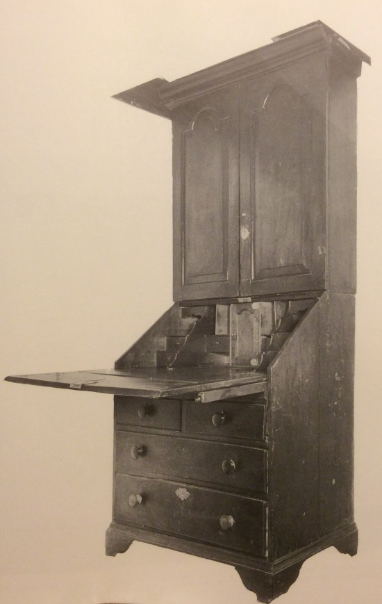 Queen Anne walnut secretary desk, 1747, by Joel Baily (3rd gen). 84-14″ high, writing height 36-14″, depth of desk 20-58″, depth of bookcase 8-34″.
