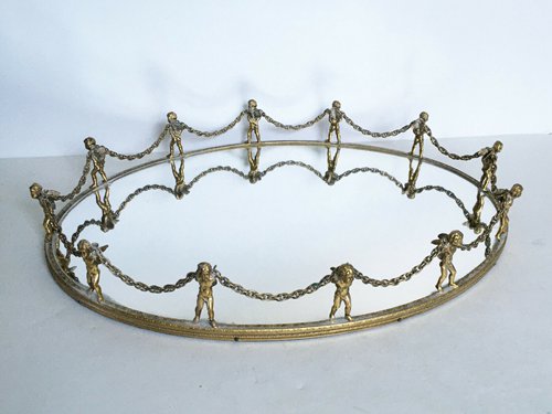 VTG Antique Stylebuilt Ormolu Vanity Mirror Tray Angel Cherubs Chain