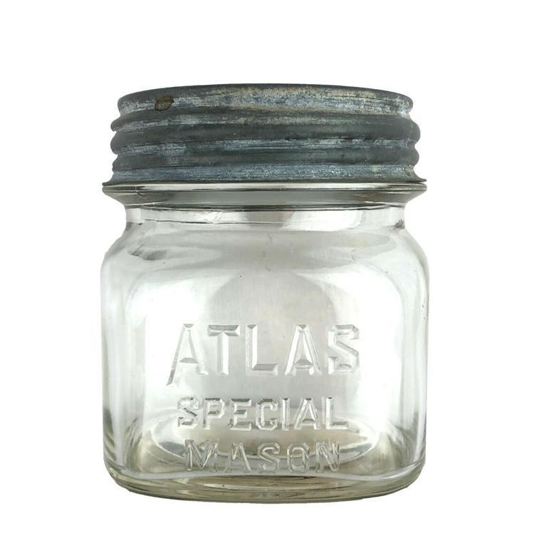 Vintage Atlas Special Mason Square Bottom Pint Fruit Canning Jar w/ Zinc Lid