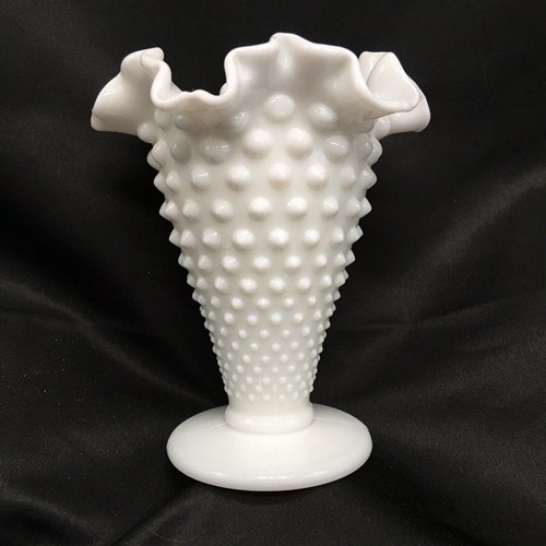 Vintage Fenton White Milk Glass Hobnail Vase Ruffled Edge